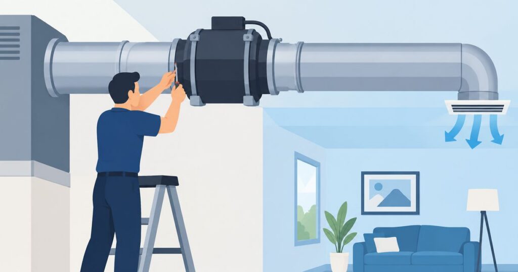 How to connect a duct booster fan to fix uneven cooling